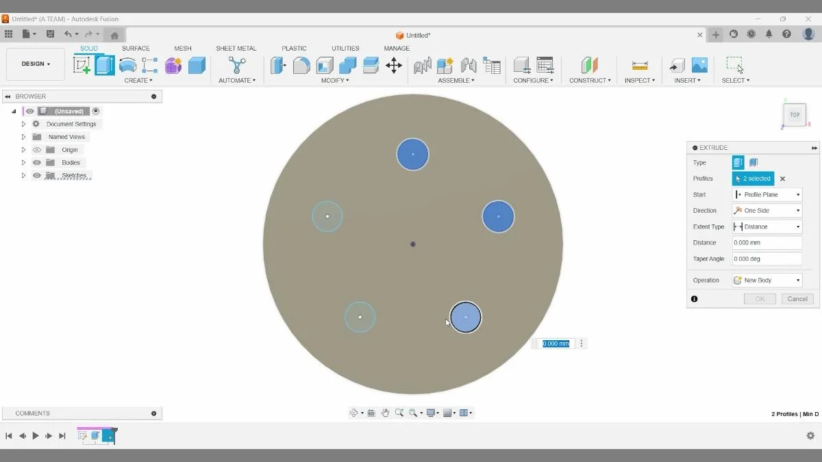Autodesk Fusion sketch pattern example showing multiple profile selections and extra clicking