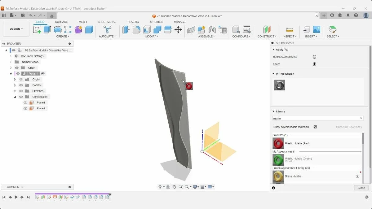 Opening the Appearance workspace in Autodesk Fusion to assign materials.