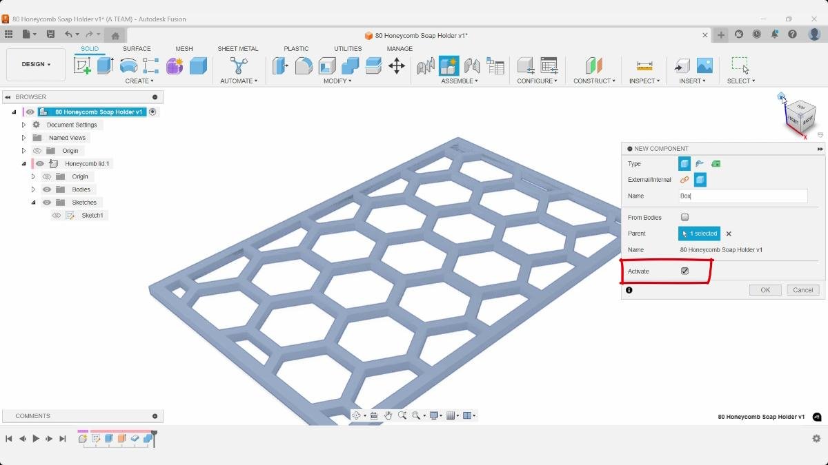 Fusion New Component dialog creating and activating the box component for the honeycomb soap holder.