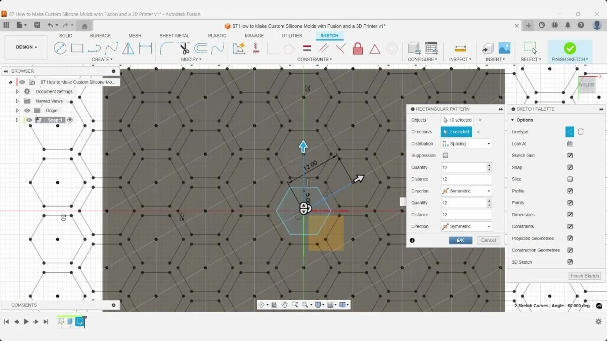 Fusion Rectangular Pattern preview with hexagons spaced 12 mm apart in two symmetric directions.