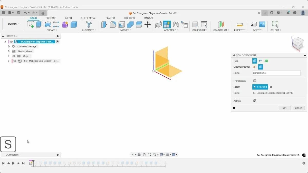 Fusion New Component dialog used to organize the leaf coaster model.