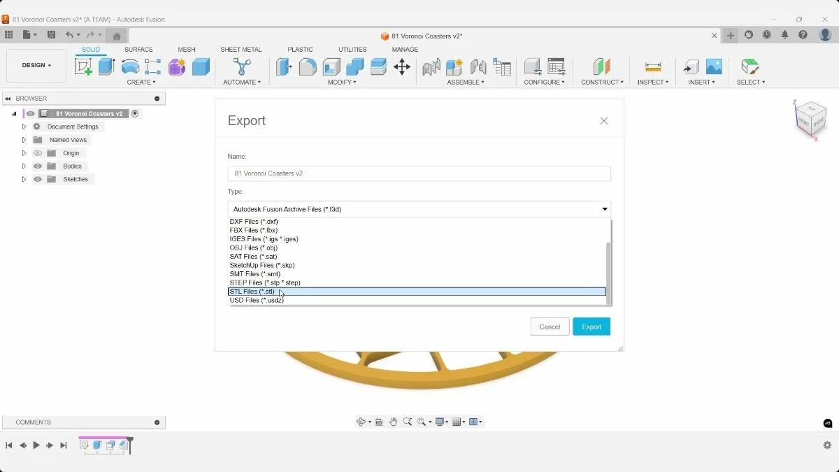 Fusion Export dialog selecting STL format for the yellow Voronoi coaster model.
