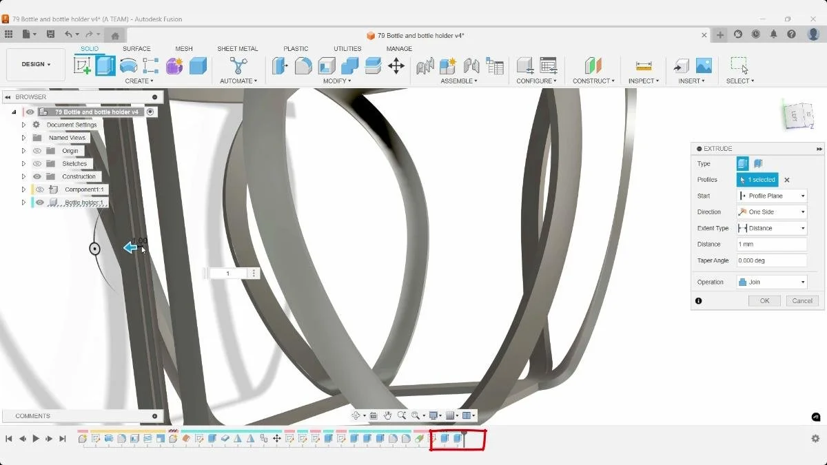 Fusion Extrude adjusting bottle holder geometry by 1 mm with the Join operation