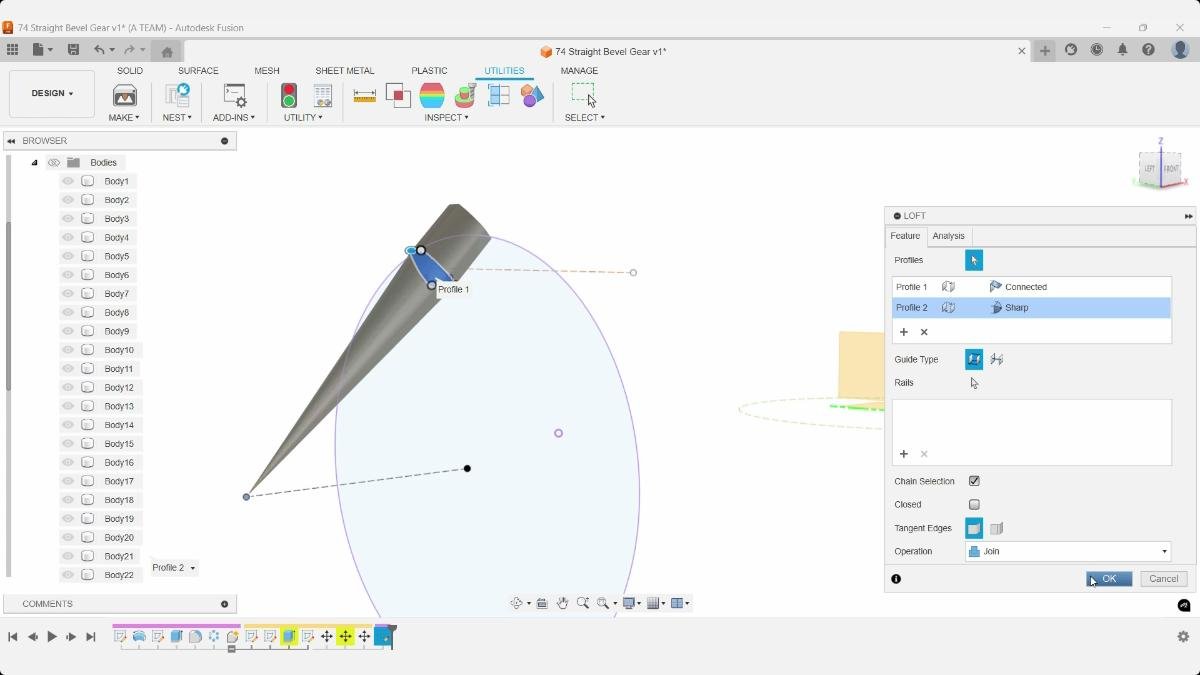 Loft operation creating a bevel gear tooth between two profiles in Fusion