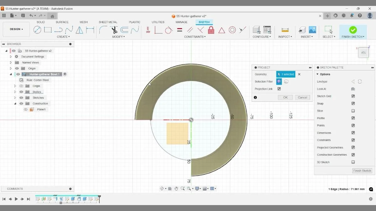 Top view sketch in Autodesk Fusion projecting the bowl opening geometry