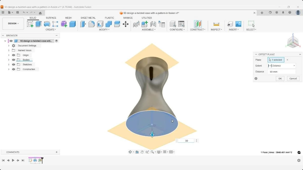 Fusion workspace showing two offset construction planes placed 10 mm above and 10 mm below the vase body to create reference geometry for upcoming sketches.