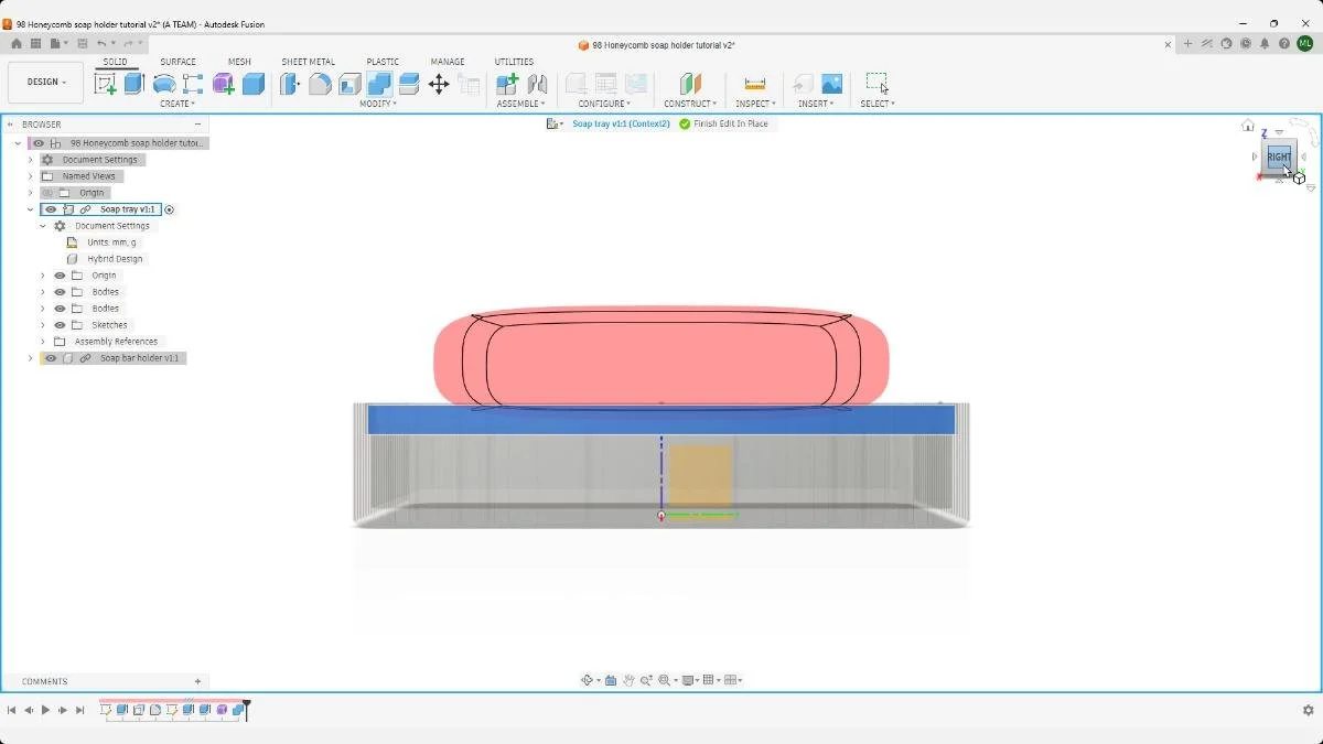 Combine Cut operation in Fusion using the soap tray as the target body and a form body as the cutting tool to create a curved soap recess.