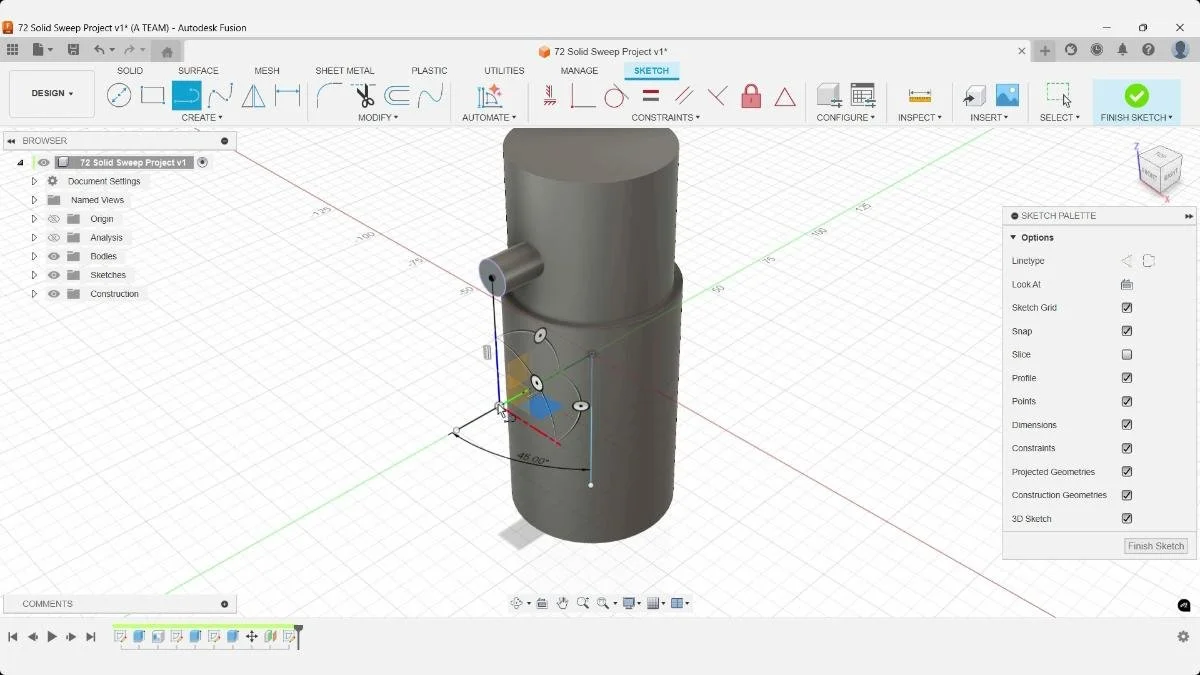 Fusion 3D sketch vertical reference line from knob center