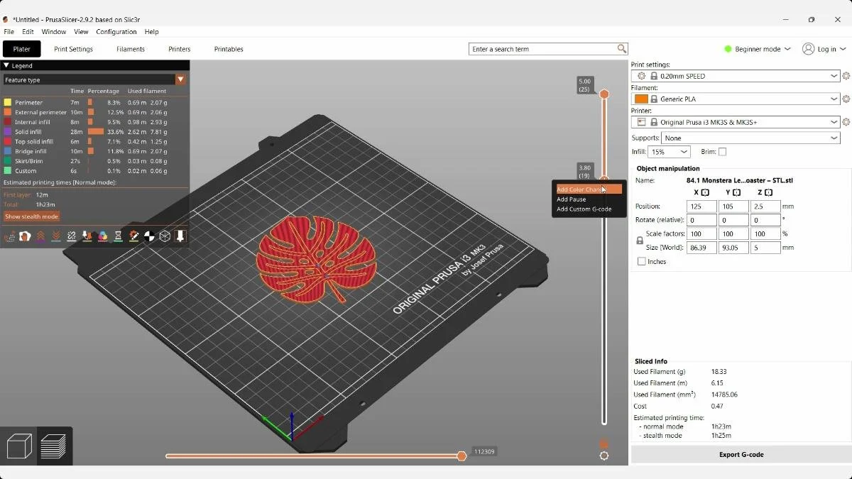 PrusaSlicer layer preview adding a color change to the leaf coaster.