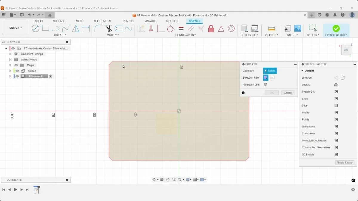 Fusion Project dialog with Projection Link checked over the chamfered soap outline.