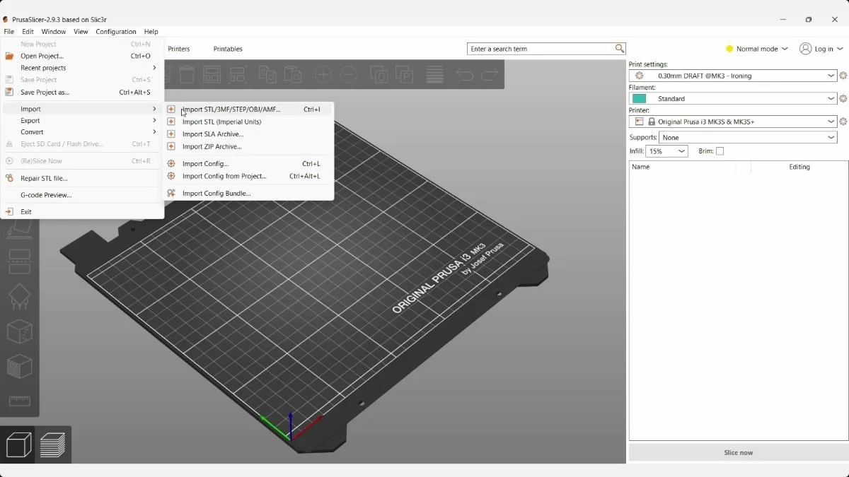 PrusaSlicer File > Import menu above an empty Original Prusa build plate, with 15% infill selected.