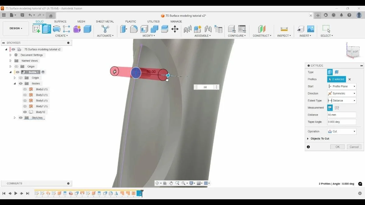 Symmetric extrude cut creating a bottle grip indentation in Fusion.