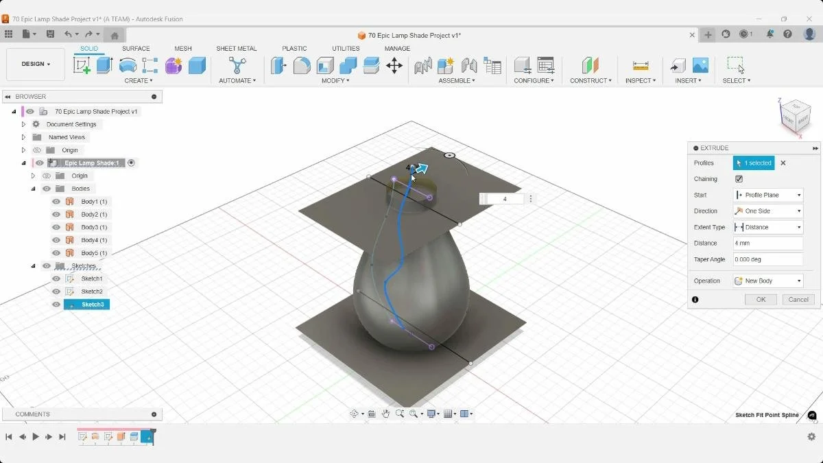 Fusion curve extrude surface modeling