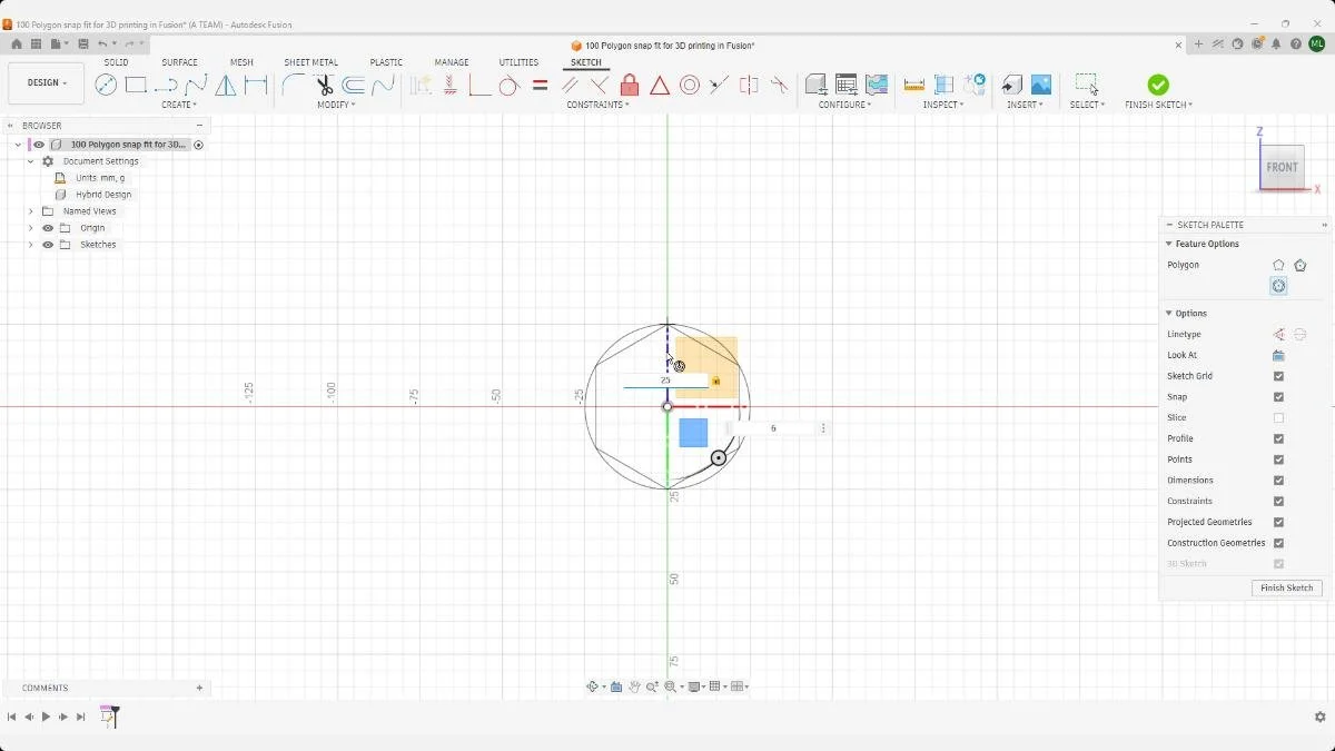 Fusion snap fit polygon sketch created on a vertical construction plane.
