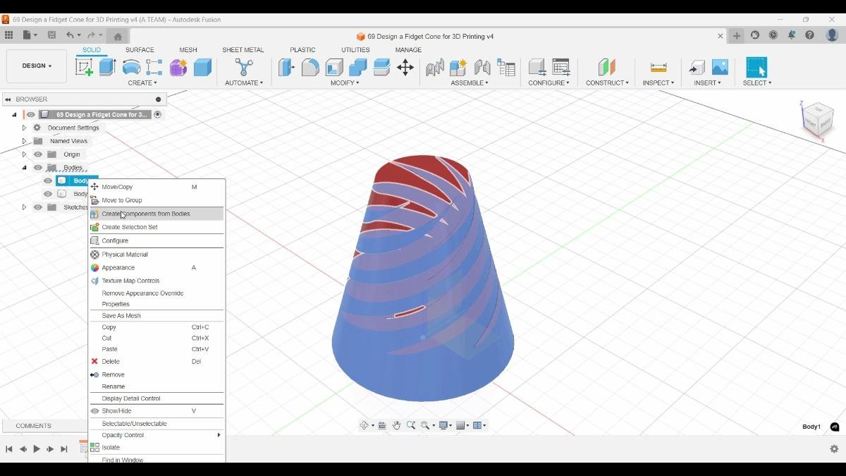 fusion fidget cone create components from bodies
