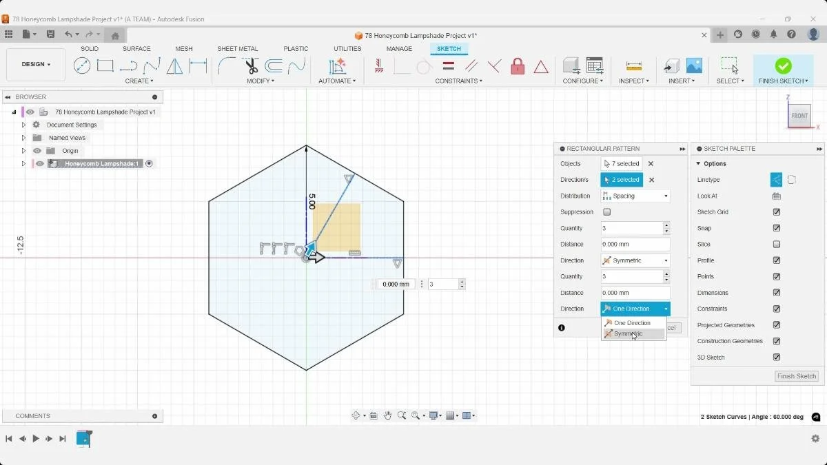 Fusion Rectangular Pattern second direction set to Symmetric for the honeycomb lattice.