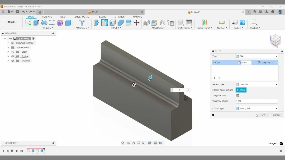 Applying a fillet to a solid body in the solid modeling environment in Fusion.