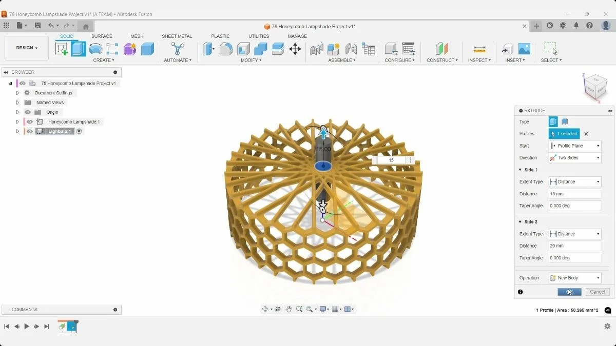 Fusion Extrude tool creating the lamp holder with 15 mm and 20 mm two-sided distances.
