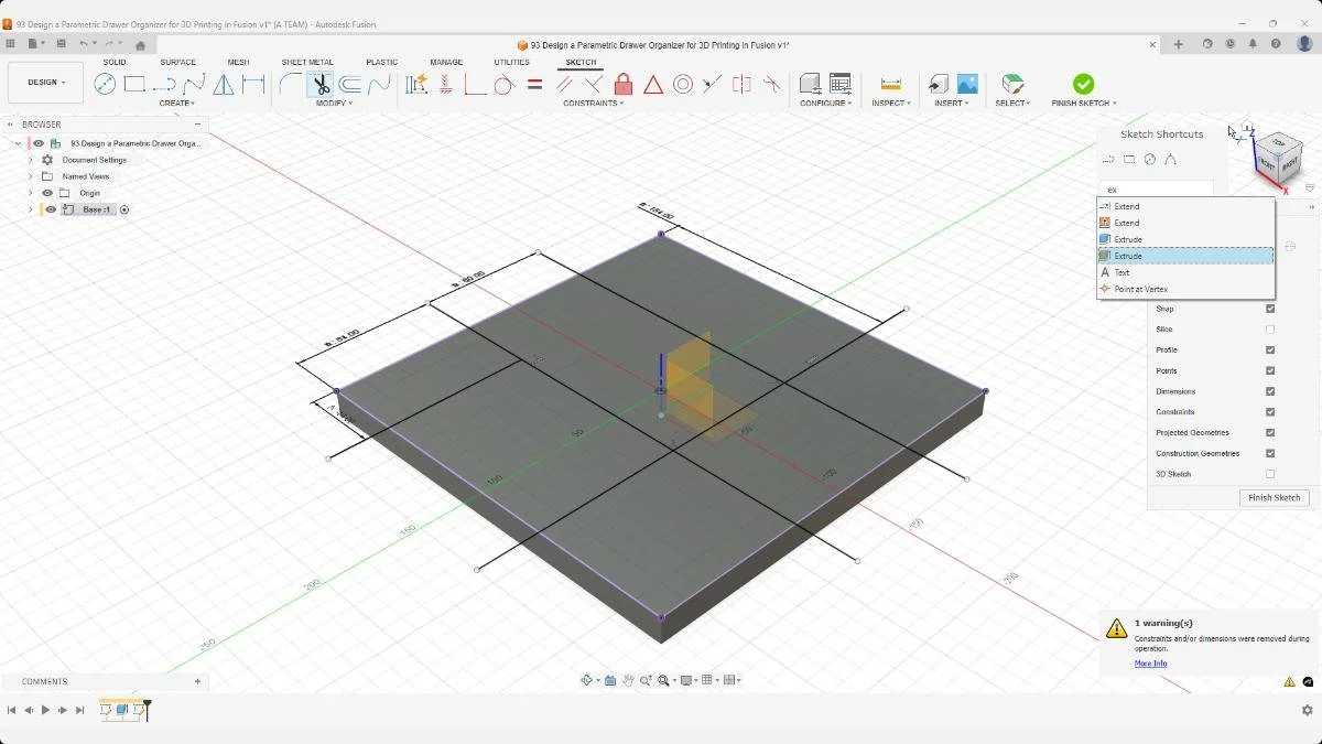 Design shortcuts menu open during sketch work in Fusion.