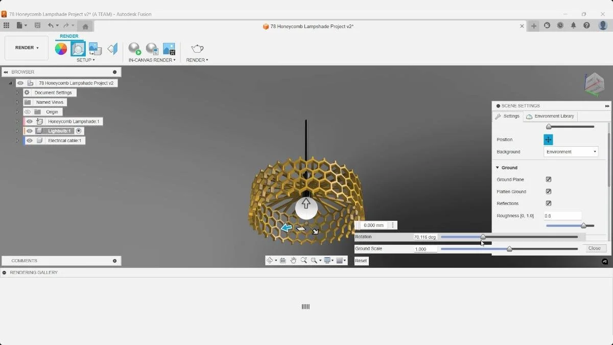 Fusion Scene Settings adjusting environment rotation around the rendered honeycomb lampshade.