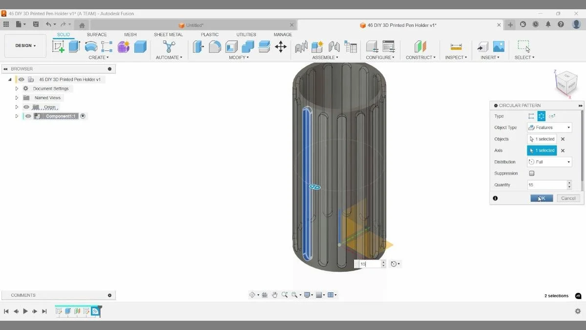 Applying a Circular Pattern in Fusion to repeat features.