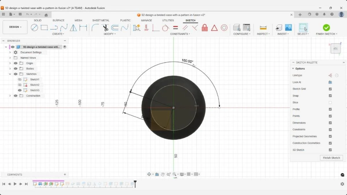 Modifying the guide line angle inside the loft guide sketch.
