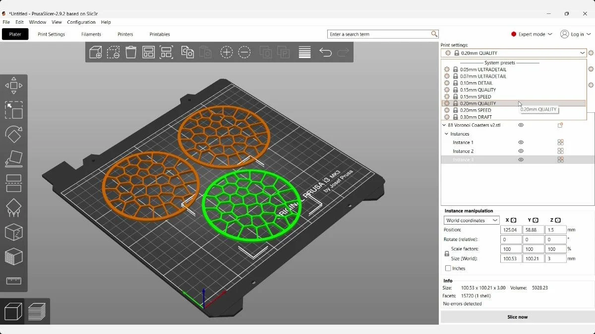 Three Voronoi coasters arranged in PrusaSlicer with the 0.20 mm Quality preset selected.