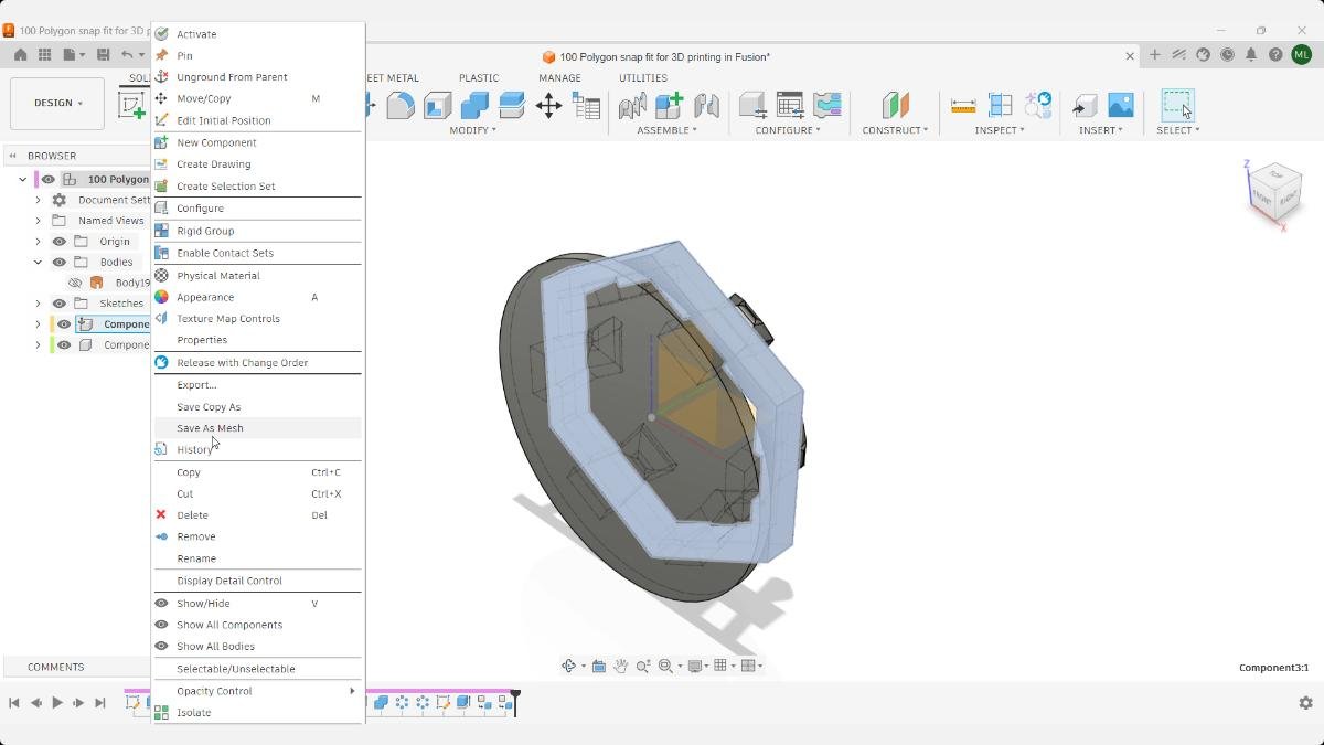 Fusion Save As Mesh dialog exporting a snap fit component as an STL file.