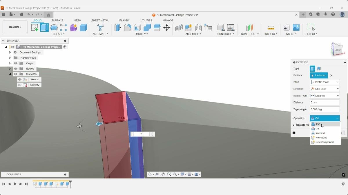 Extrude join settings for linkage feature in Fusion