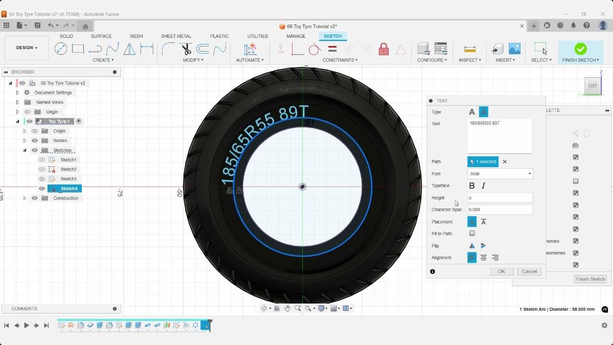 Fusion text tool adding tire sidewall markings