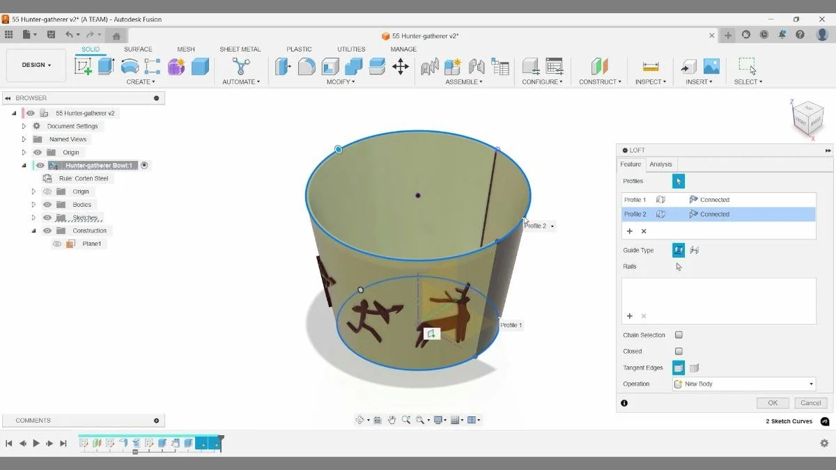 Lofting between top and bottom profiles in Autodesk Fusion to form the bowl wall