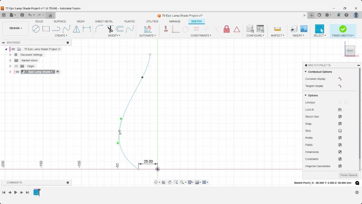 Fusion spline sketch for lampshade profile