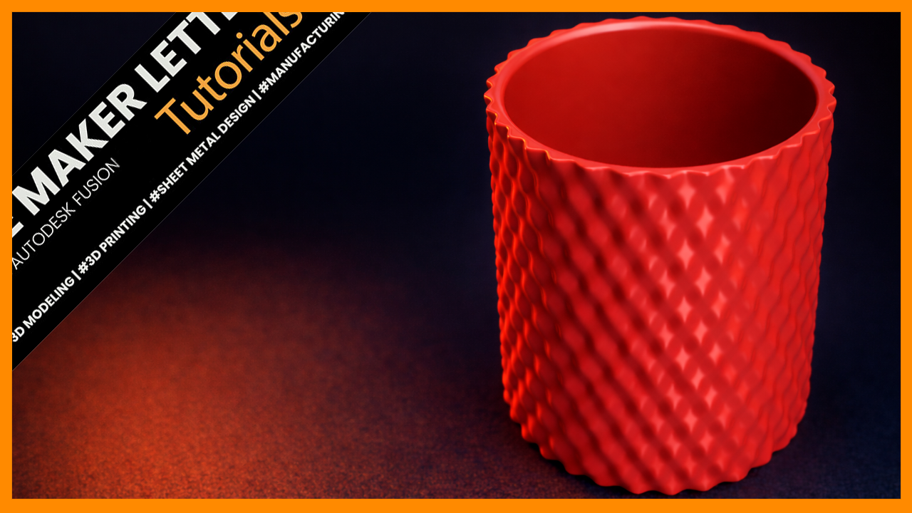 Red organic pen holder with sinus wave surface pattern created using surface modeling in Autodesk Fusion