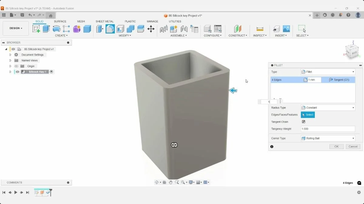 Fusion Fillet dialog with four sillcock key socket edges selected and a 1 mm radius.