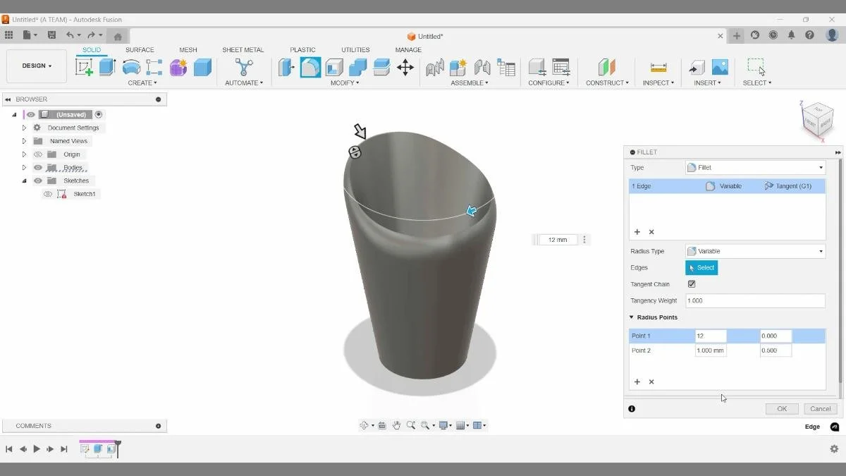 Variable radius fillet applied to cup rim with adjustable radius points in Fusion.