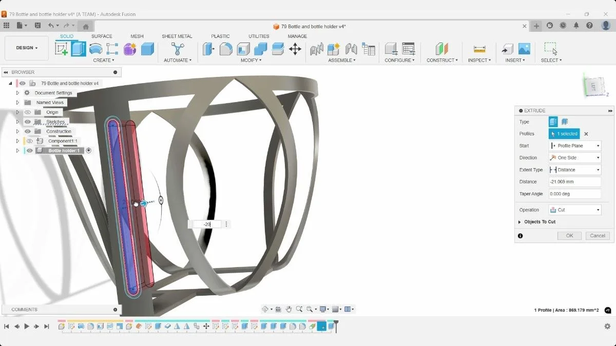 Fusion Extrude Cut extending the bottle holder slot approximately 21 mm through the frame.