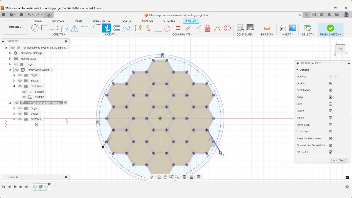Oversketching the coaster holder outline in Fusion and trimming excess lines to save time while keeping geometry clean.