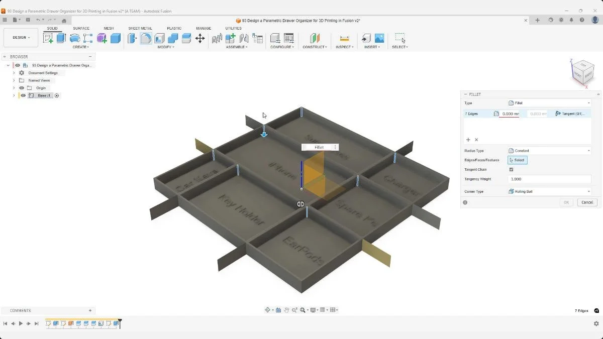 Fillet operation rounding organizer edges for smoother transitions.