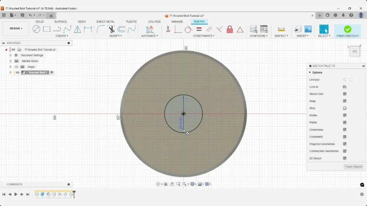 Fusion centered sketch for threaded bolt shaft
