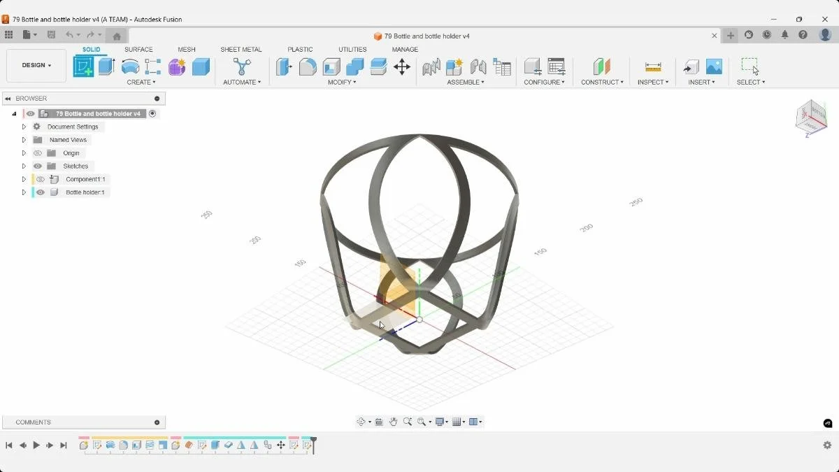 Fusion bottle holder selecting a vertical construction plane after starting a new sketch.