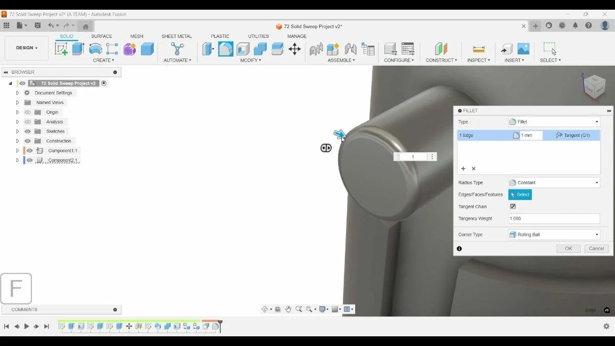 Fusion fillet command rounding cylindrical knob edges