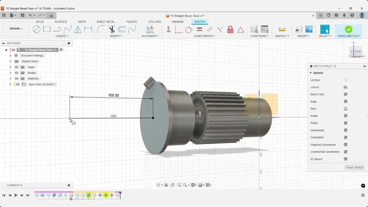 Drawing a 100 mm reference line in a bevel gear sketch.