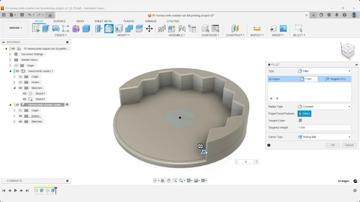 Applying 1 mm fillets around the coaster holder edges to smooth corners and enhance print quality.