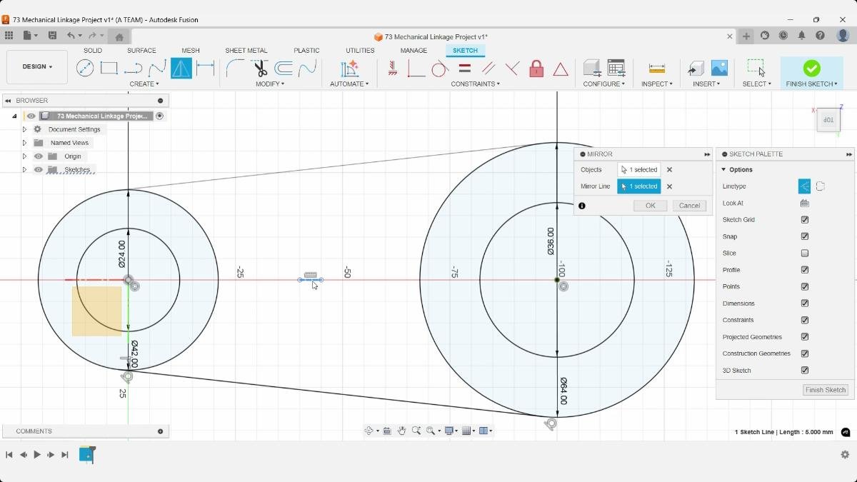 Mirror command setup for linkage sketch in Fusion