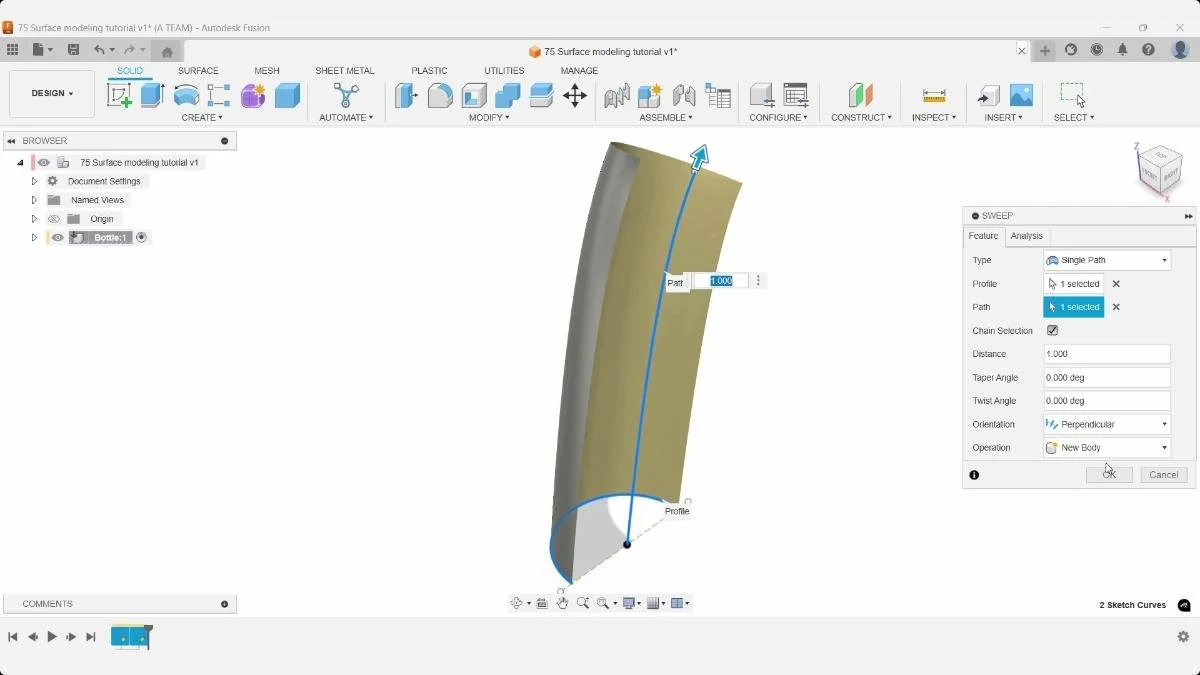 Surface sweep creating the bottle body in Autodesk Fusion.