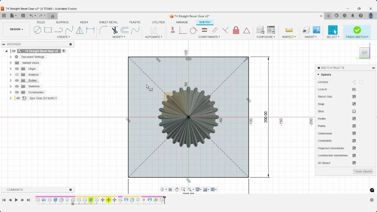 Square sketch centered on bevel gear using projected geometry