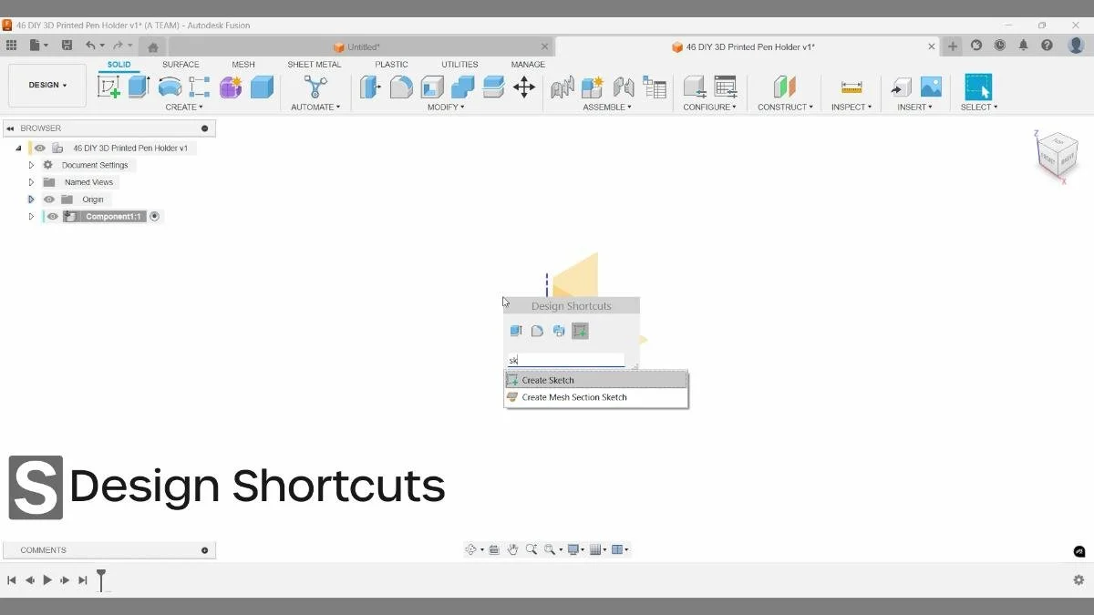 Fusion Design Shortcuts menu opened with S key for faster tool access.