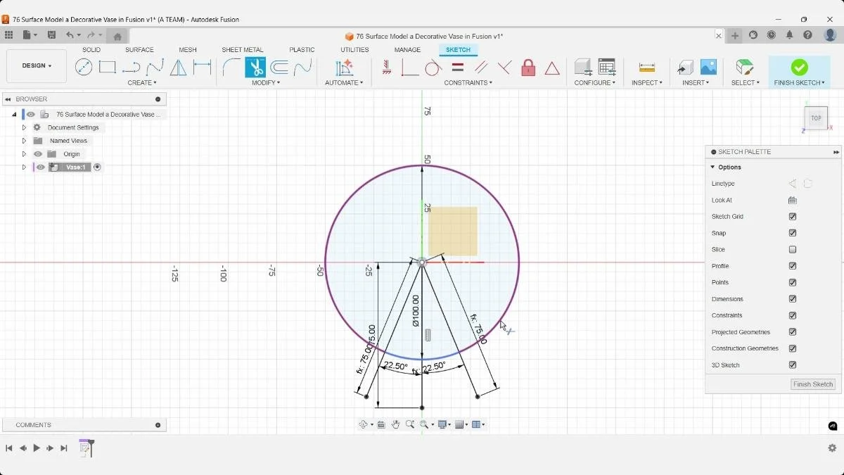 Trim tool removing unused circle geometry from the vase sketch.