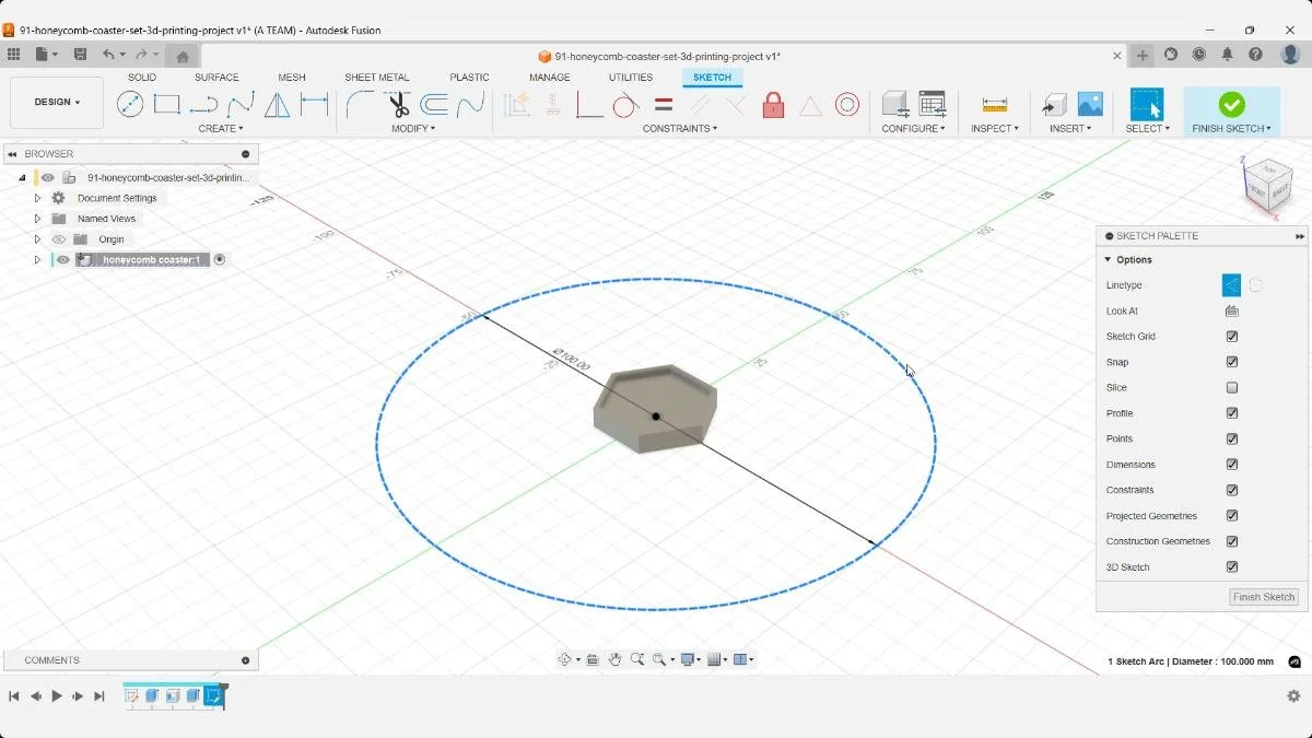 Drawing a 100 mm construction circle to define the honeycomb coaster boundary in Fusion.
