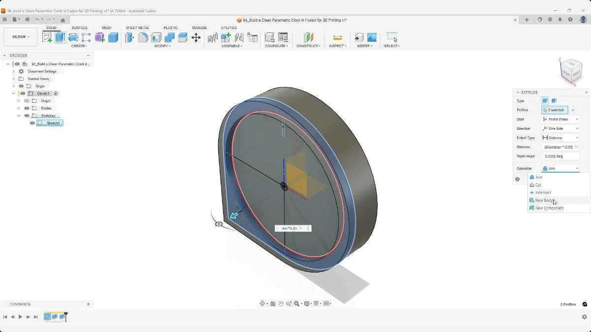Extruding the main clock body in Fusion using parametric dimensions for 3D printing.
